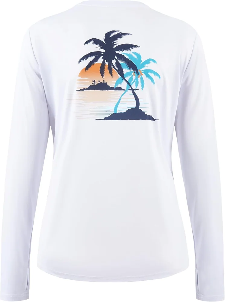 Women's Long-Sleeve Rash Guard, White Coconut Tree A