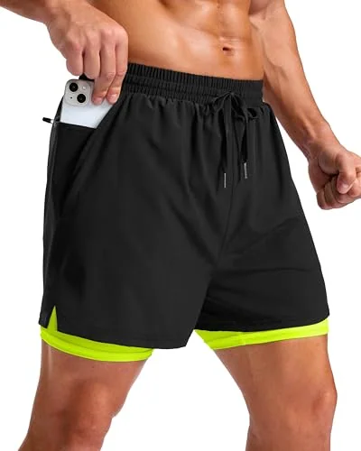 Men's 2-in-1 Running Shorts, Black/fluorescent